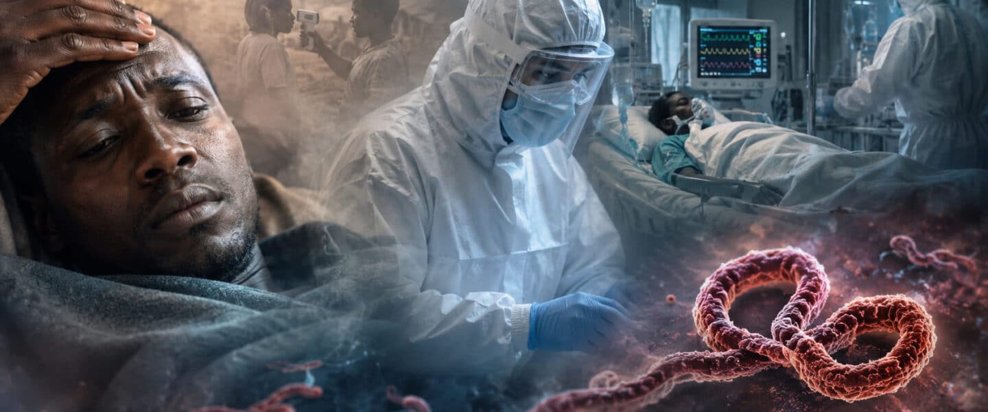 Brede medische collage over ebola met een zieke patiënt met koorts, zorgverleners in beschermende kleding, een isolatiekamer en een microscopische weergave van het ebolavirus.