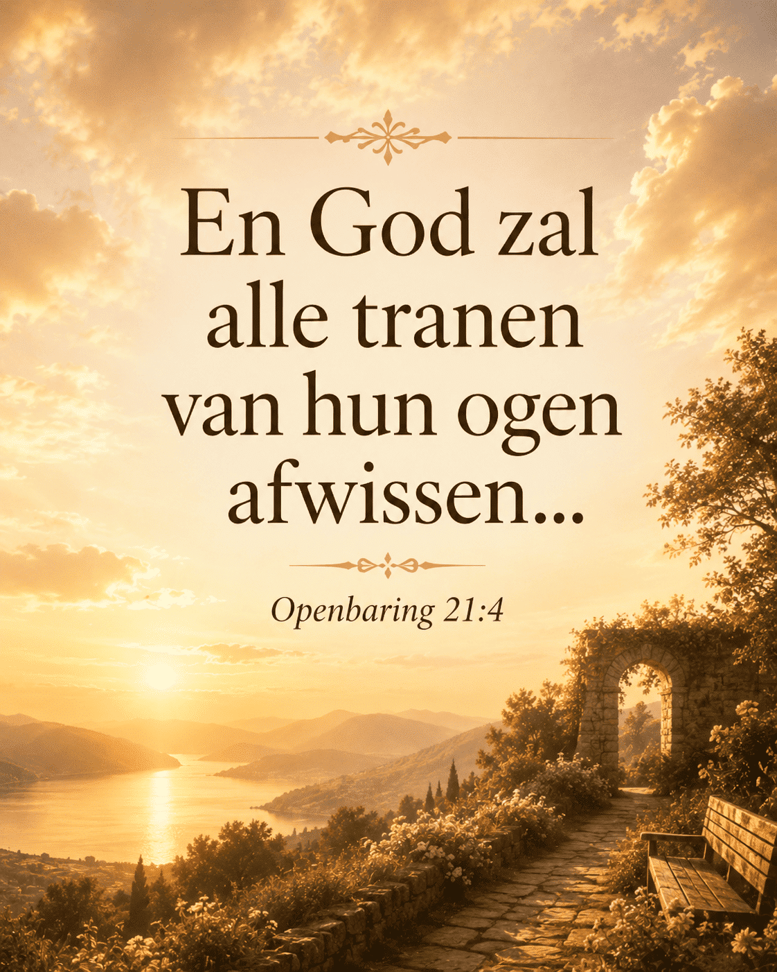Rustgevende Bijbeltekst-afbeelding met een gouden hemel, uitzicht over water en bergen, een bloemenpad met bankje en de tekst “En God zal alle tranen van hun ogen afwissen...”, Openbaring 21:4.