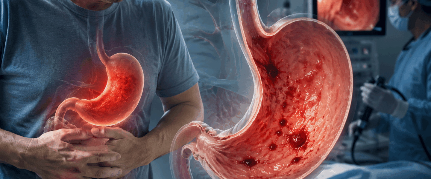 Realistische medische headerafbeelding van erosieve hemorragische gastritis, met een patiënt met maagpijn, een anatomische weergave van een ontstoken maagwand en een endoscopiebeeld op de achtergrond.