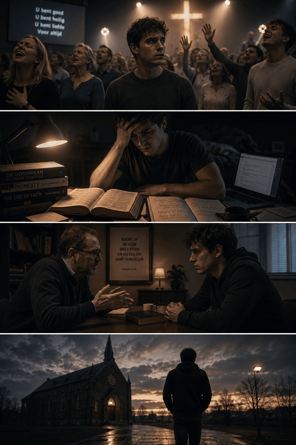 Stripachtige vierluikcollage over geloofsdeconstructie, waarin een jonge man zich vervreemd voelt tijdens een kerkdienst, thuis worstelt met Bijbel en boeken, een gespannen pastoraal gesprek voert en daarna alleen wegloopt bij een kerk in de schemering.