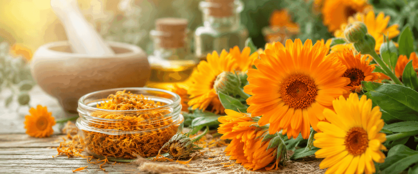 Verse goudsbloemen met gedroogde bloemblaadjes, kruidenpotjes en olie op een rustieke houten tafel.