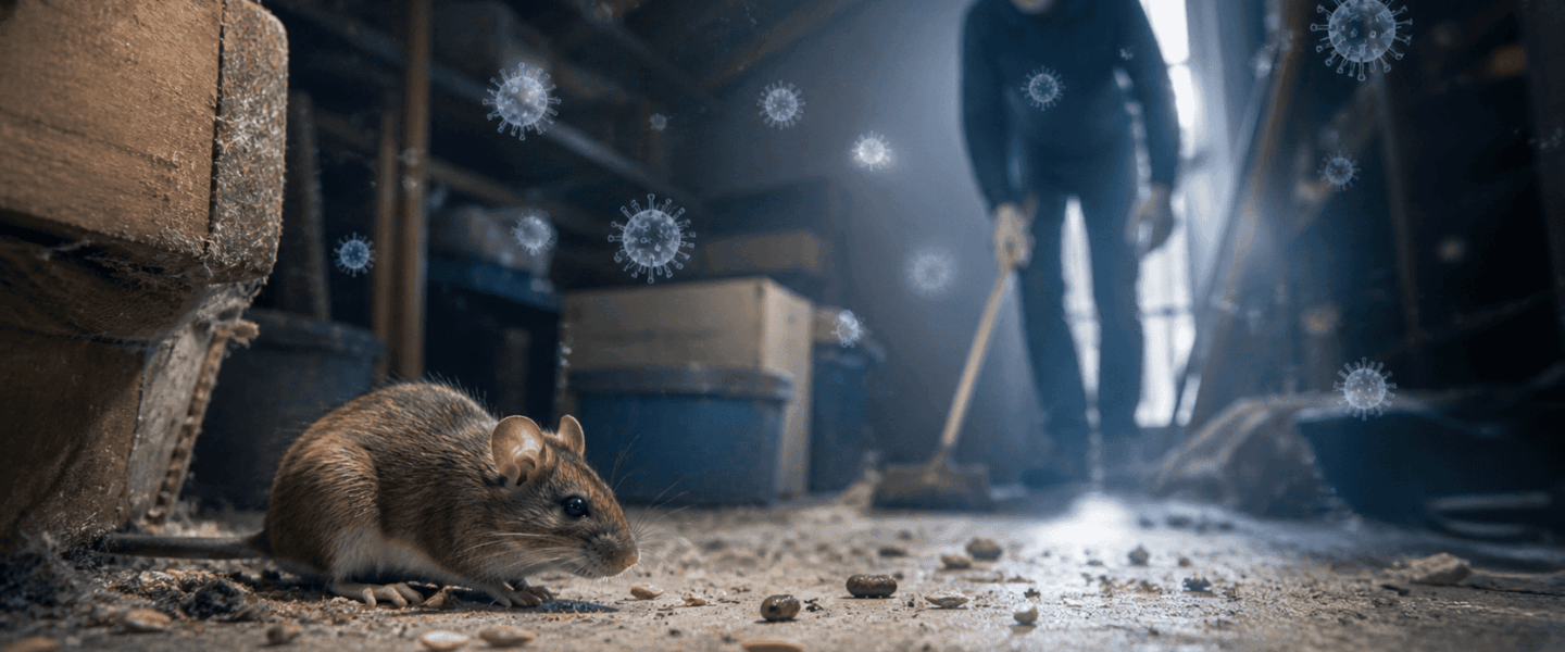 Muis in een stoffige opslagruimte met op de achtergrond iemand die schoonmaakt met een mondmasker, als verbeelding van mogelijke blootstelling aan hantavirus.