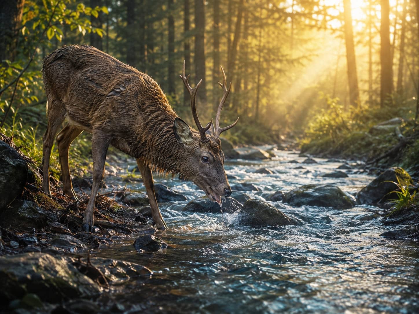 Een hert drinkt uit een stromende bosbeek in warm ochtendlicht, omringd door bomen en zachte zonnestralen.