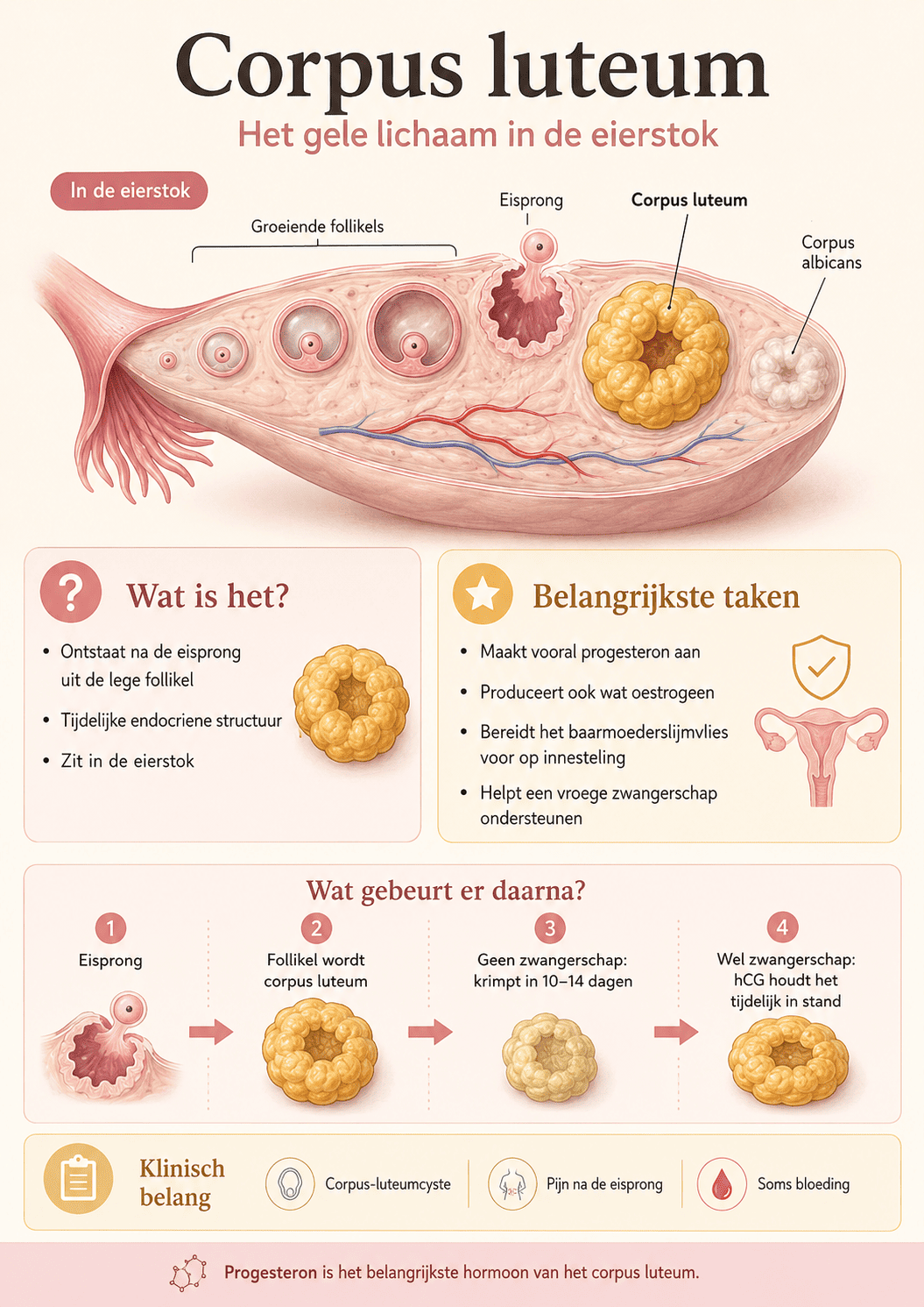 Infographic over het corpus luteum in de eierstok, met uitleg over ontstaan na de eisprong, hormoonproductie, functies en wat er gebeurt bij wel of geen zwangerschap.