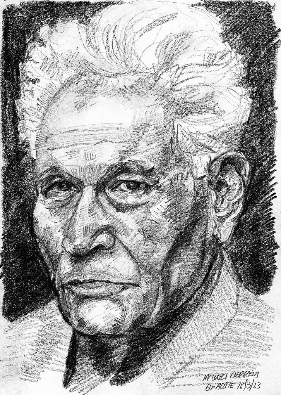 Potloodtekening van Jacques Derrida, de Franse filosoof die bekend werd door het begrip deconstructie, met een peinzende en ernstige blik.