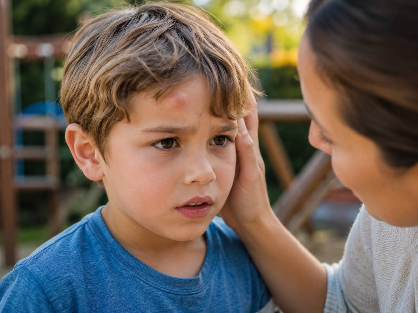 jongen met een bult op zijn voorhoofd wordt buiten geruststellend onderzocht door een volwassene