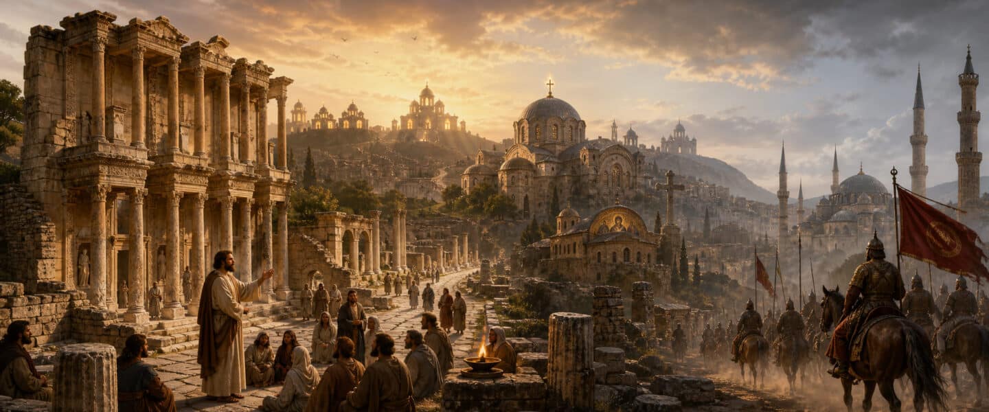 Panoramische historische verbeelding van Klein-Azië met ruïnes van Efeze, vroege christenen, Byzantijnse kerken en latere minaretten als beeld van de overgang van christelijk Anatolië naar islamitisch gebied.