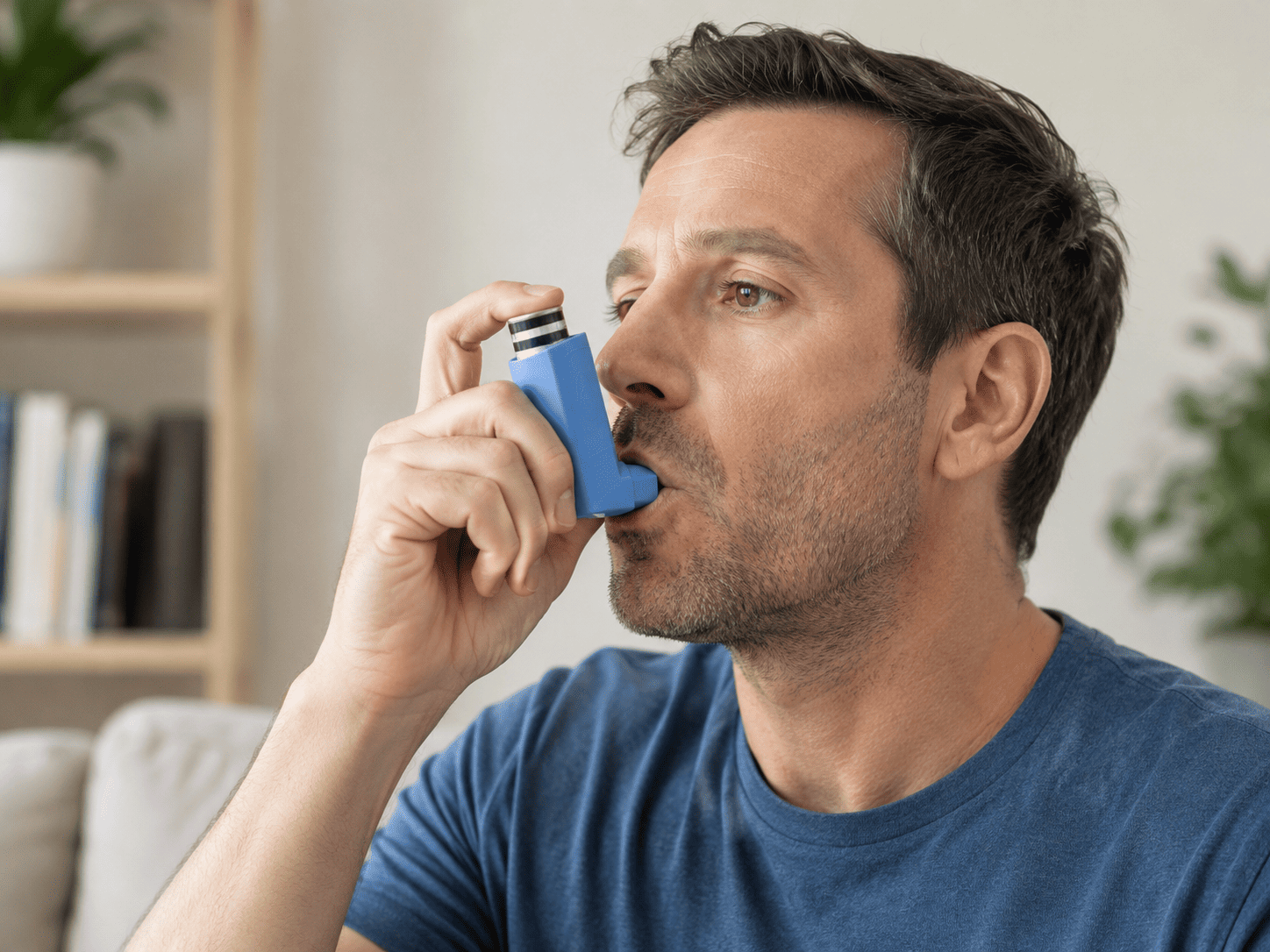 Man gebruikt een blauwe salbutamol-inhalator in een rustige thuissituatie.