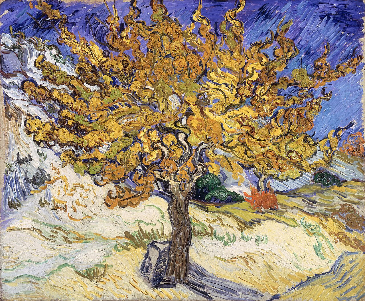 Schilderij van Vincent van Gogh met een moerbeiboom vol gele bladeren tegen een blauw-paarse lucht en een licht, golvend landschap.