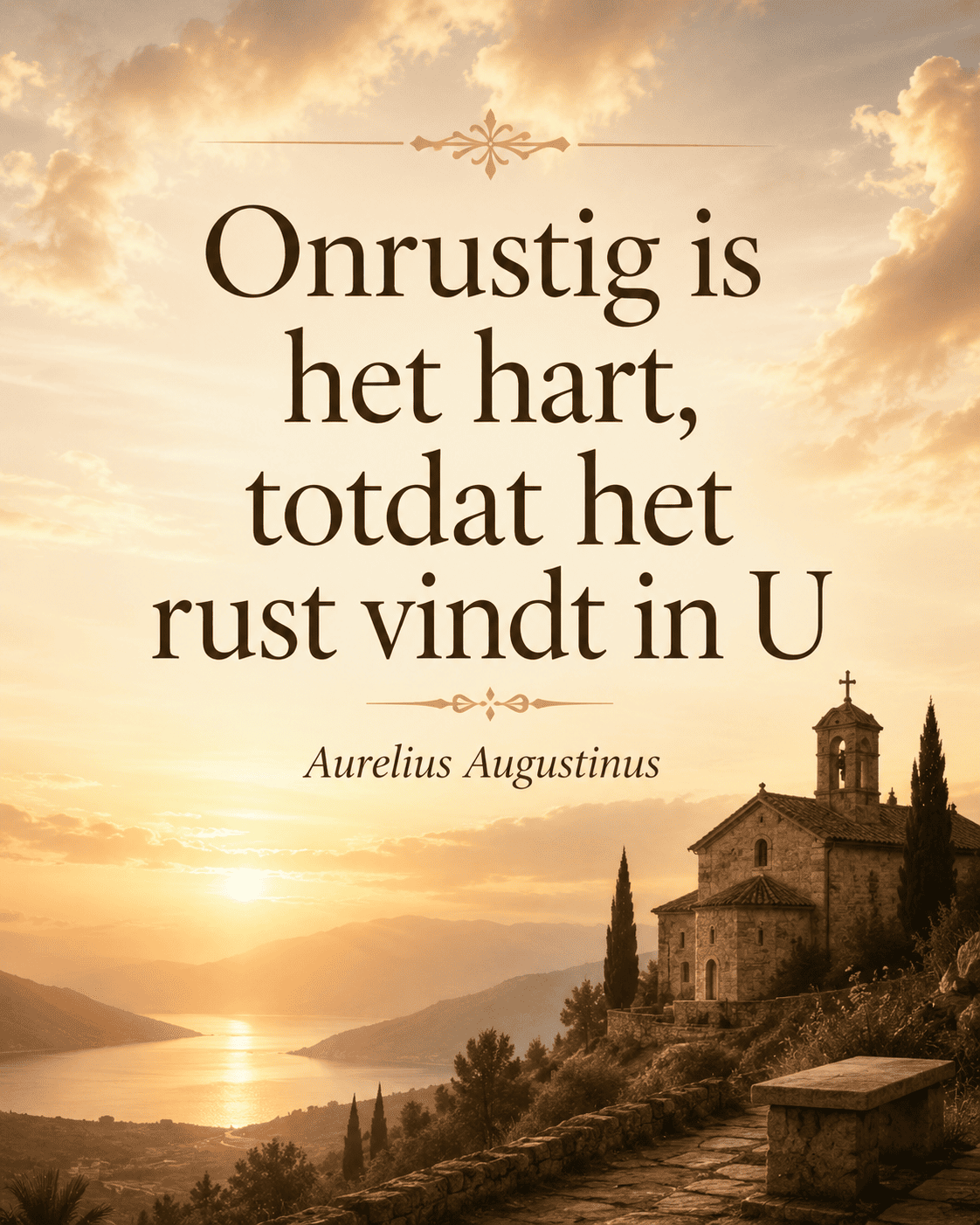 Rustige quote-afbeelding met een gouden avondlucht, een oud stenen kerkje op een heuvel en de tekst “Onrustig is het hart, totdat het rust vindt in U” van Aurelius Augustinus.