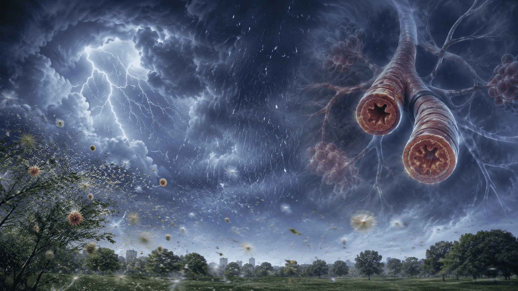 Conceptuele header van een onweerslucht met bliksem, rondvliegend pollen en vergrote vernauwde luchtwegen als medisch effect.