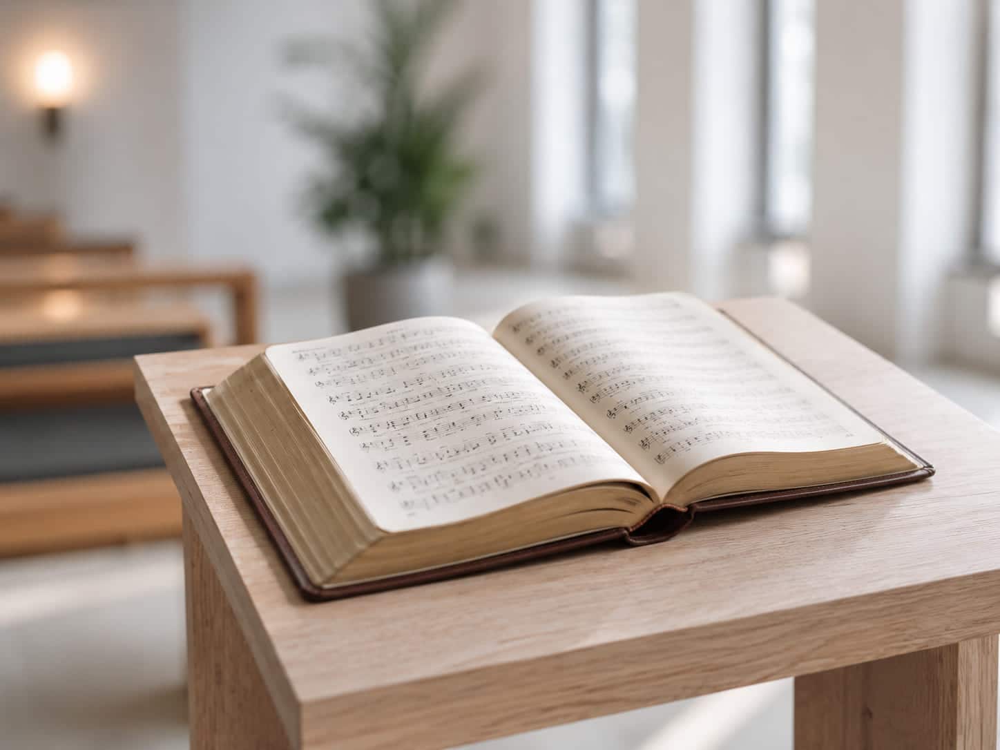 Open psalmboek met bladmuziek op een lichte houten lessenaar in een frisse, minimalistische kerkruimte.