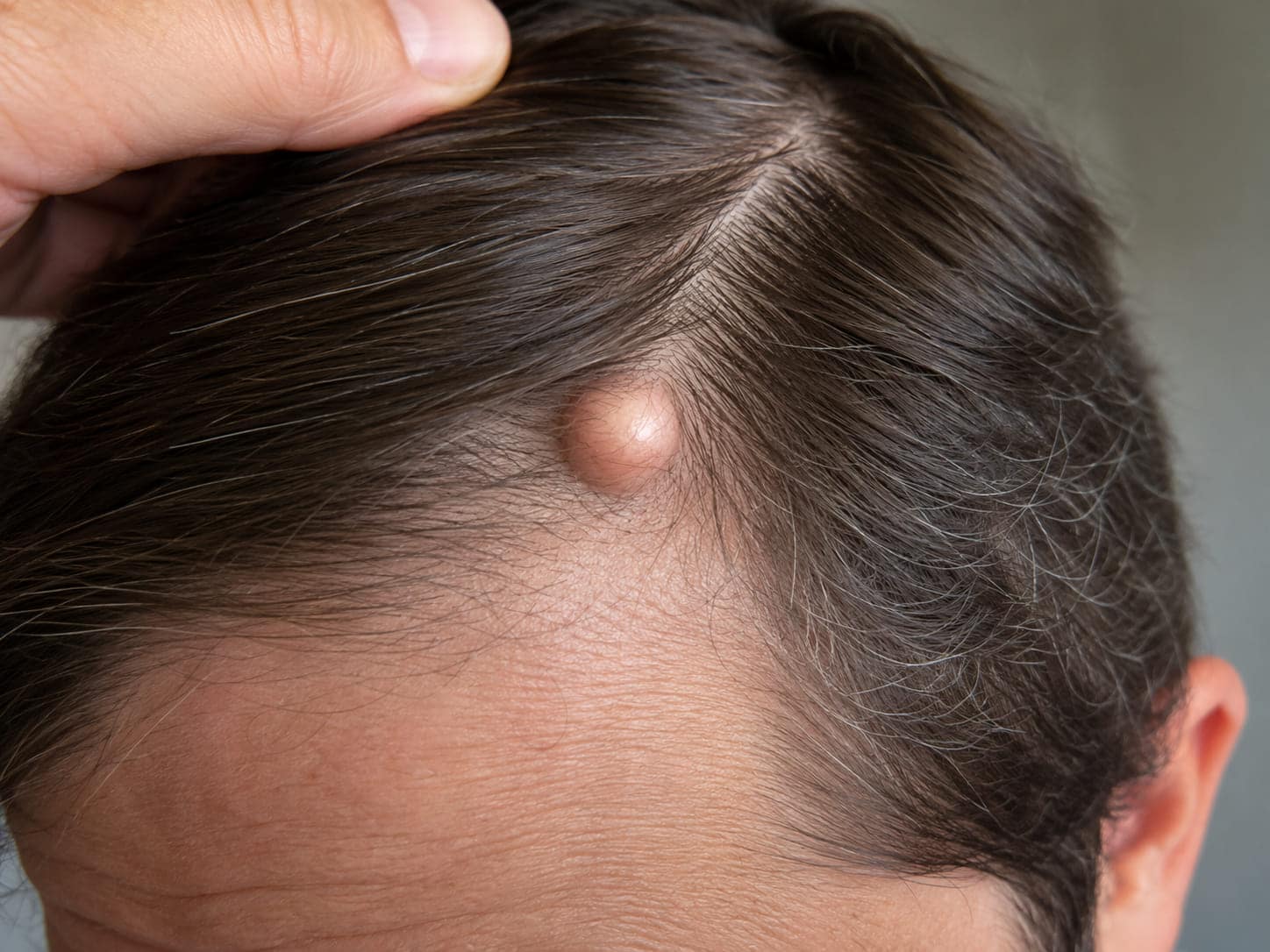 close-up van een hoofdhuid met opzij gehouden haar, waarbij een ronde, gladde pilarcyste zichtbaar is