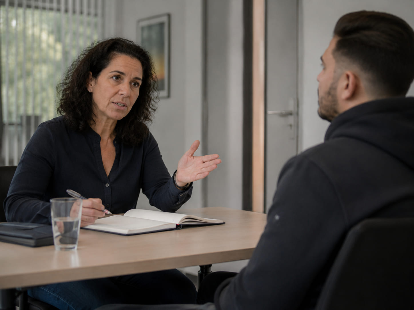 Toezichthouder legt in een spreekkamer van de reclassering rustig een norm en consequentie uit aan een cliënt, terwijl er ruimte blijft voor gesprek.