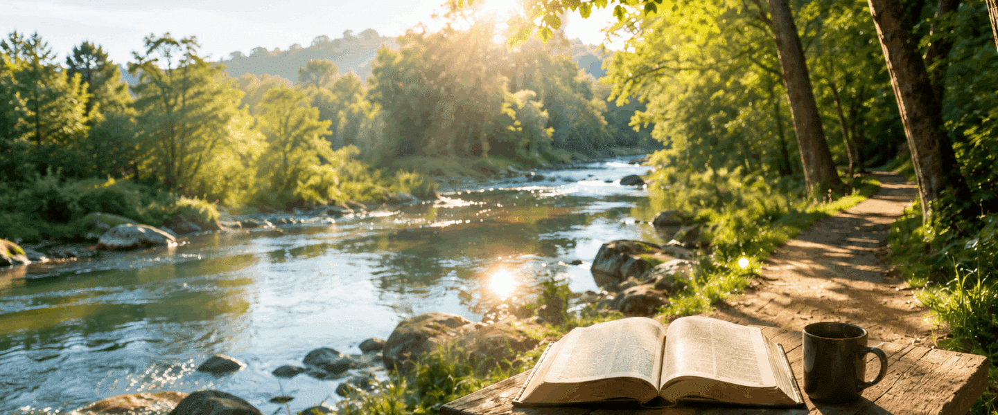 Brede headerafbeelding bij Psalm 1 Oude Berijming, met een open Bijbel op een houten tafel aan stromend water, omgeven door groen, ochtendlicht en een smal bospad als verwijzing naar de twee wegen uit Psalm 1.