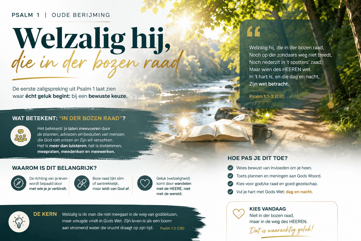 Brede headerafbeelding bij Psalm 1 Oude Berijming, met een frisse moderne vormgeving: een zonnig bospad en stromend water op de achtergrond, een open Bijbel op een houten tafel, en tekstvakken met uitleg over “Welzalig hij, die in der bozen raad”.