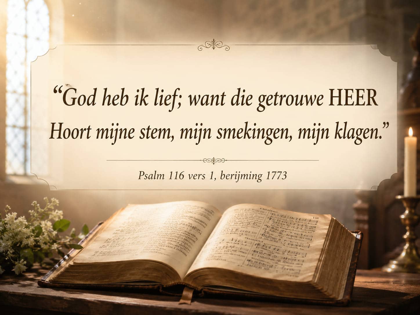 Citaatafbeelding van Psalm 116 vers 1 uit de berijming van 1773, in sierlijk lettertype boven een open psalmboek in warm kerklicht.