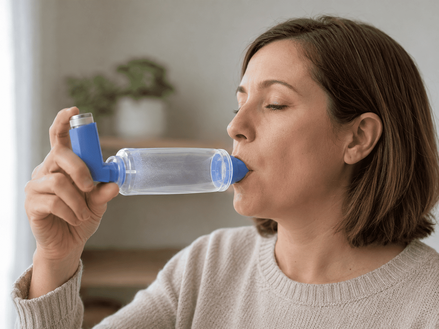 Vrouw gebruikt een blauwe salbutamol-inhalator met een transparante voorzetkamer.