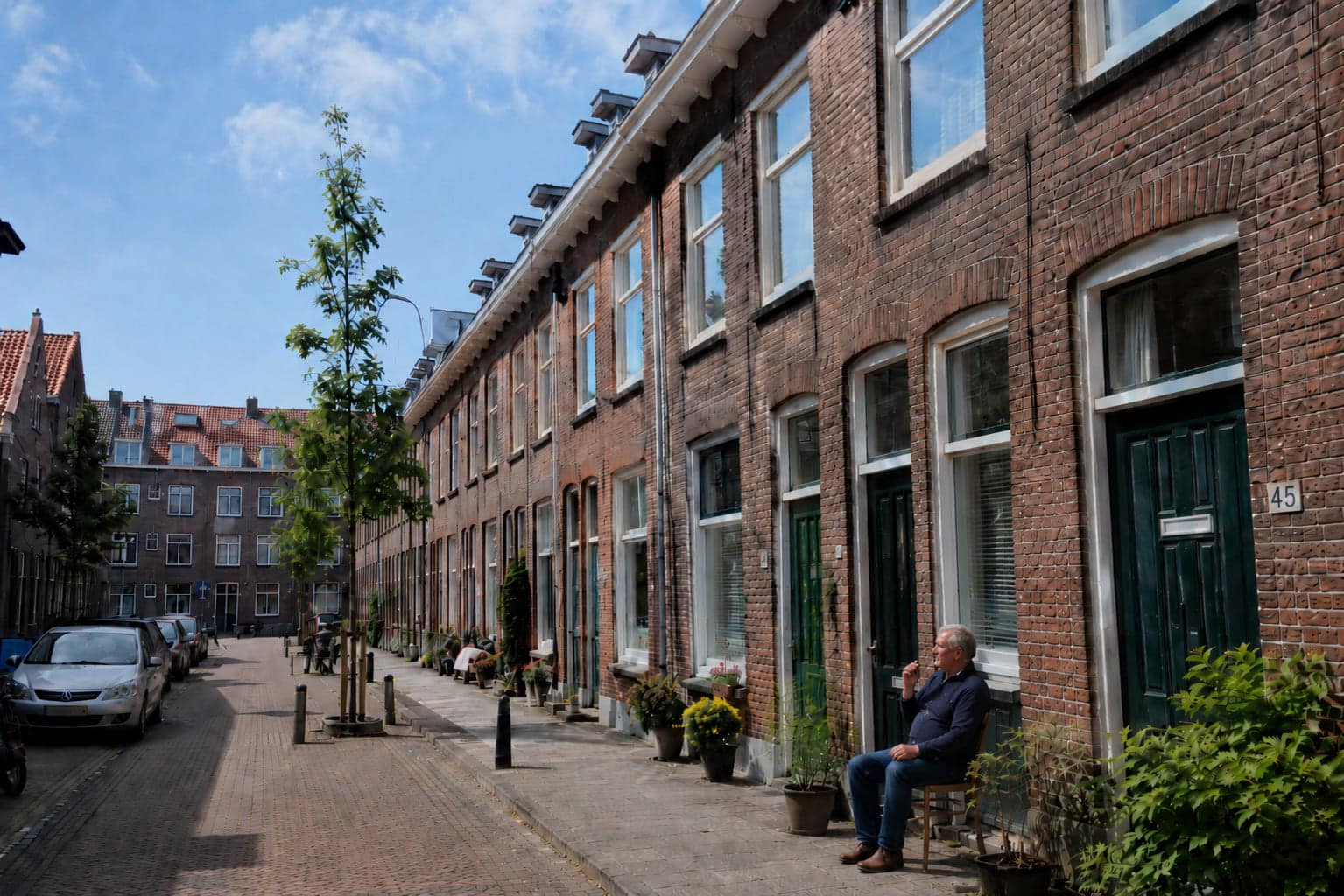 Nederlandse woonstraat met sociale huurwoningen van baksteen; een man zit op een stoel voor zijn voordeur en rookt een shagje, terwijl auto’s langs de straat geparkeerd staan.