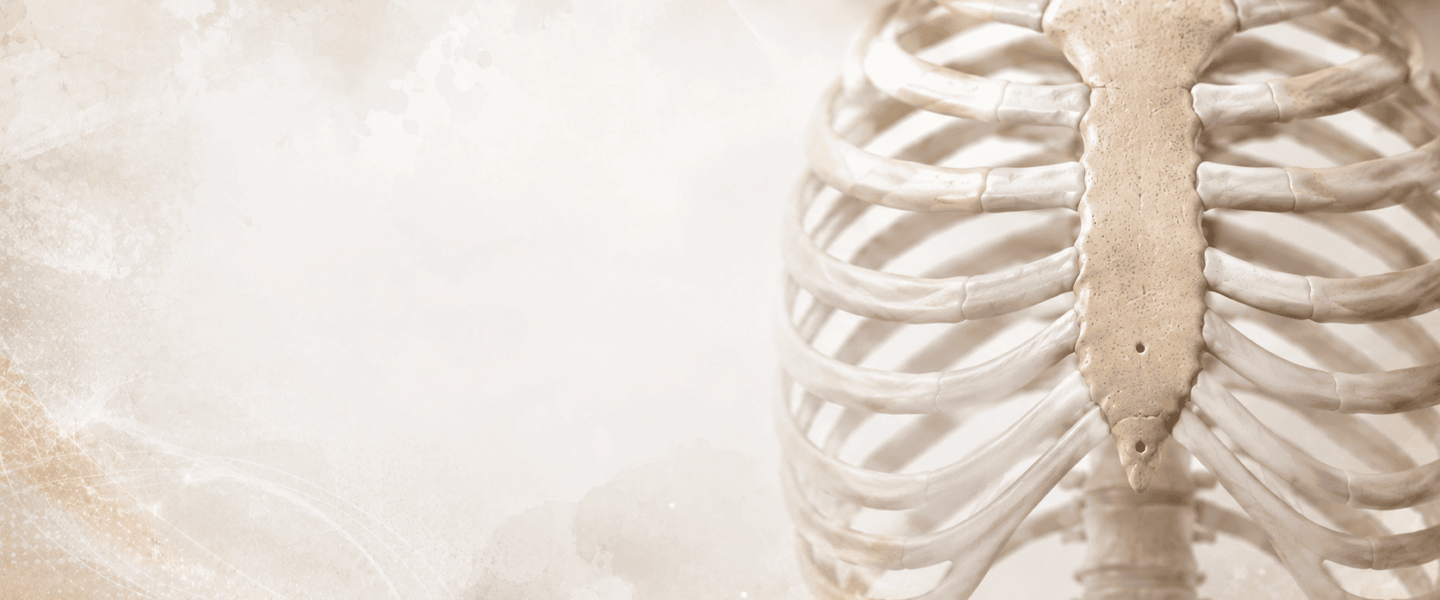 Brede anatomische header van de borstkas met centraal het borstbeen en subtiel zichtbare openingen passend bij een sternaal foramen en een xiphoïdaal foramen, in zachte beige tinten met een rustige, medische achtergrond.