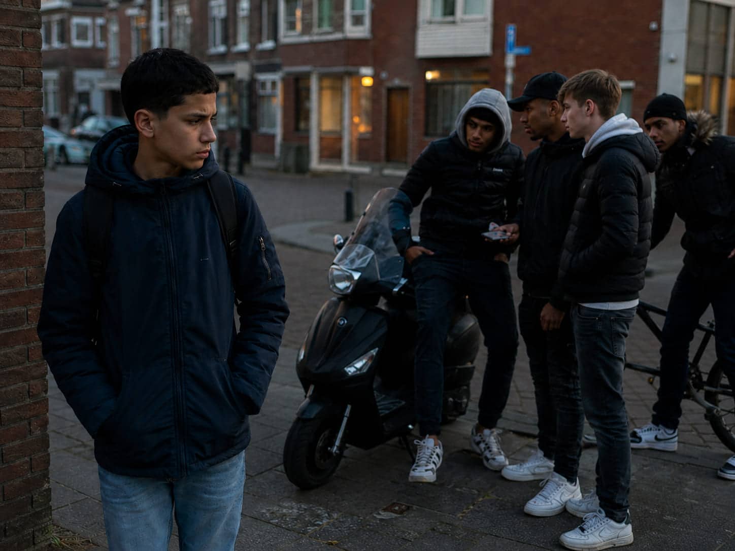 Tienerjongen staat wat afgezonderd op straat, terwijl een groep jongens, bij een scooter en fiets bijeenstaat en hem ogenschijnlijk aandacht geeft.