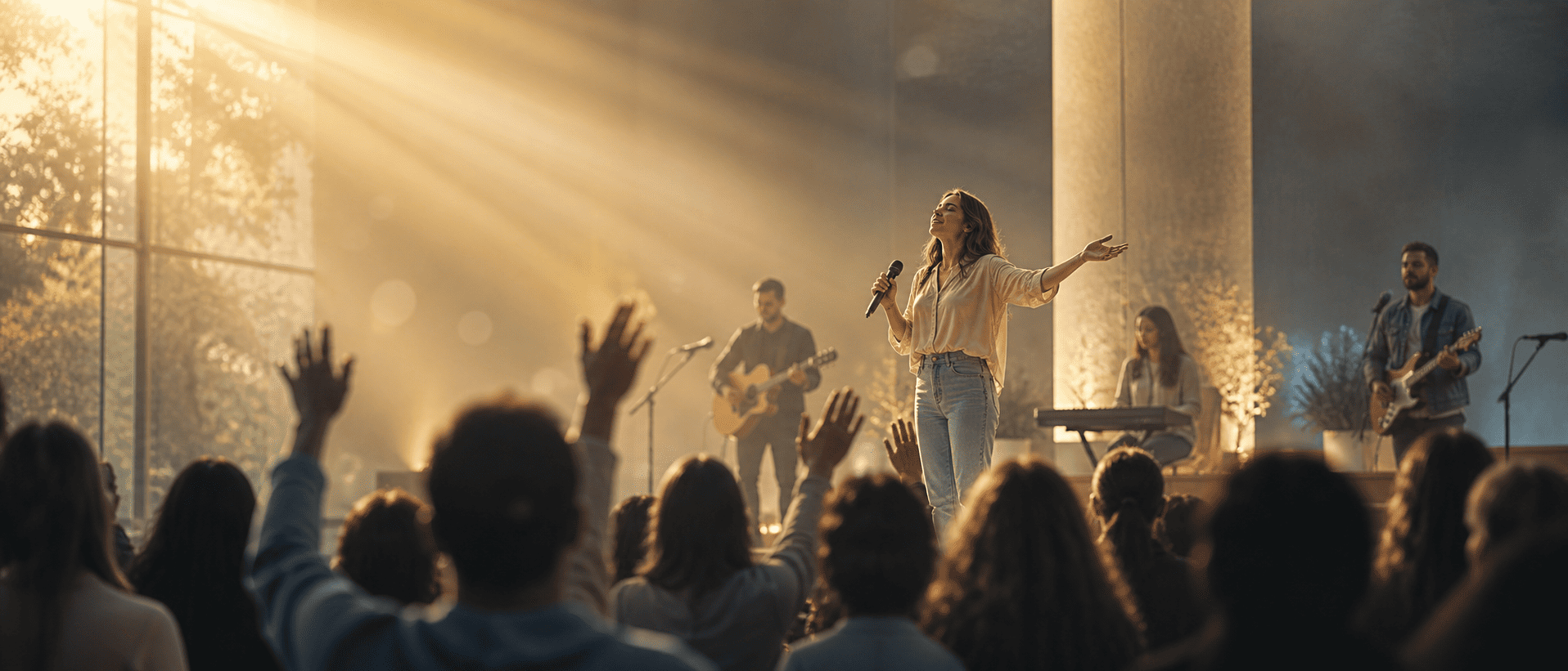 Brede foto van een aanbiddingsdienst in een moderne kerkzaal, met een zangeres op het podium, muzikanten op de achtergrond, opgeheven handen in de zaal en warme lichtstralen die een serene sfeer van zegen en aanbidding oproepen.