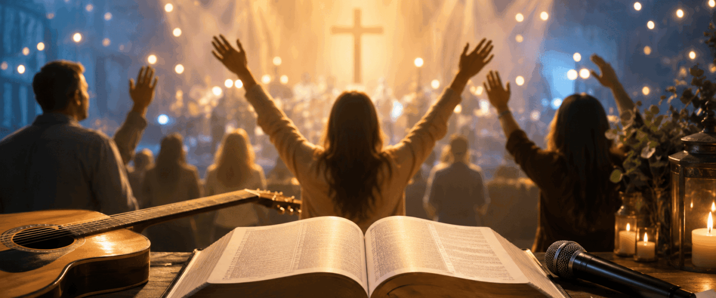 Open Bijbel met gitaar en microfoon tijdens een sfeervolle christelijke aanbiddingsbijeenkomst met opgeheven handen en warm licht.