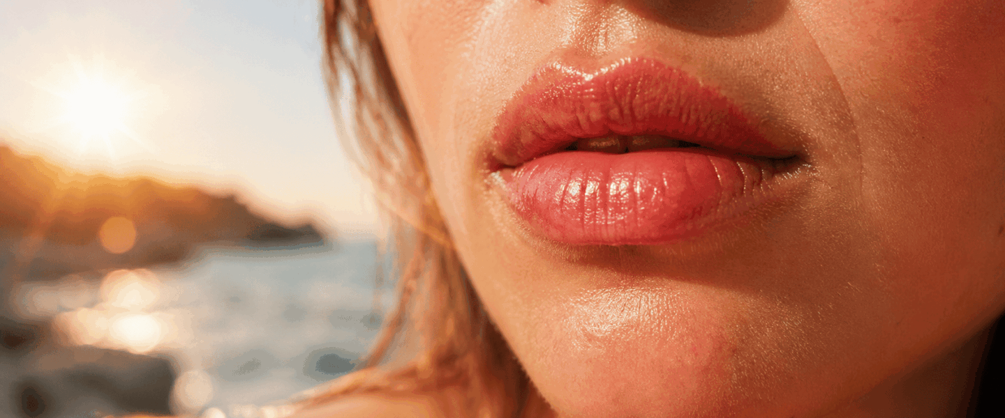 Close-up van door de zon verbrande lippen met warme zonnestralen en een zomerse strandachtergrond.