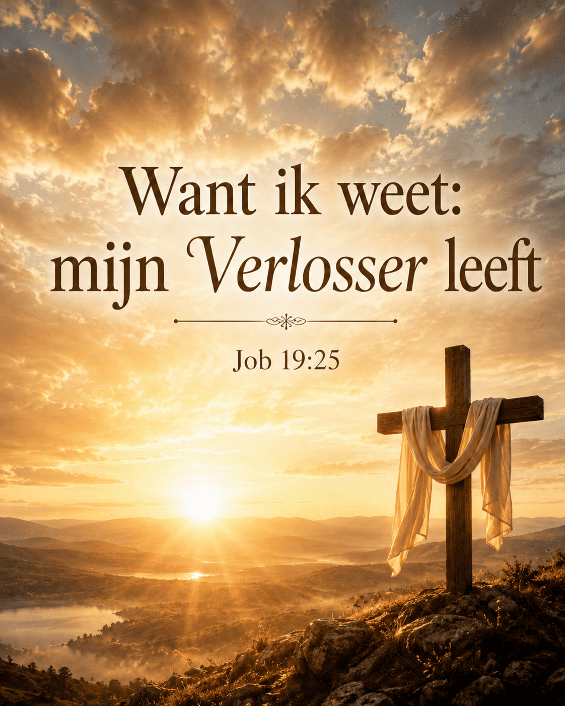 Gouden zonsopkomst boven een bergachtig landschap met een houten kruis en de tekst “Want ik weet: mijn Verlosser leeft”, Job 19:25.