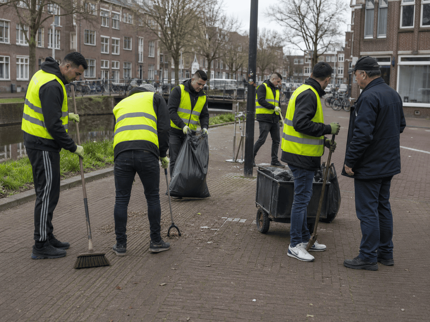 Groep werkgestraften in gele veiligheidsvesten ruimt zwerfafval en bladeren op langs een Nederlandse straat met kanaal, fietsen en bakstenen woningen op de achtergrond.