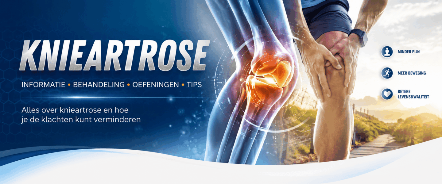 Brede medische illustratie over knieartrose met een doorsnede van het kniegewricht, een man met kniepijn en visuele effecten rond het aangetaste kraakbeen.