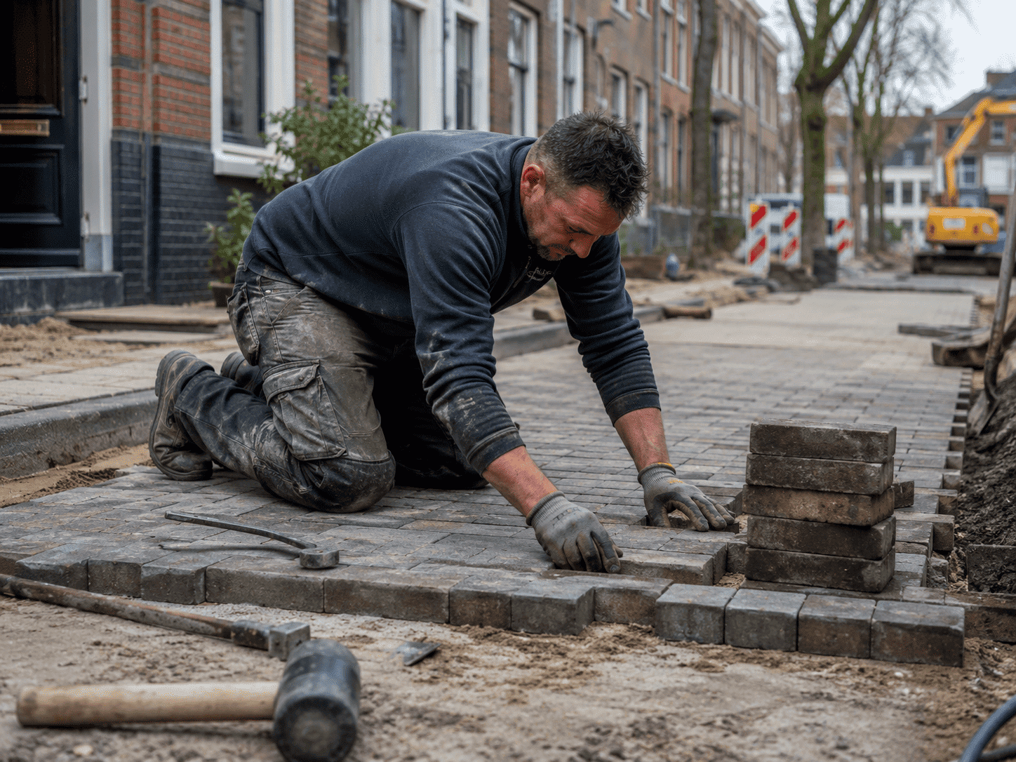 Stratenmaker legt geknield straatstenen in een Nederlandse woonstraat.