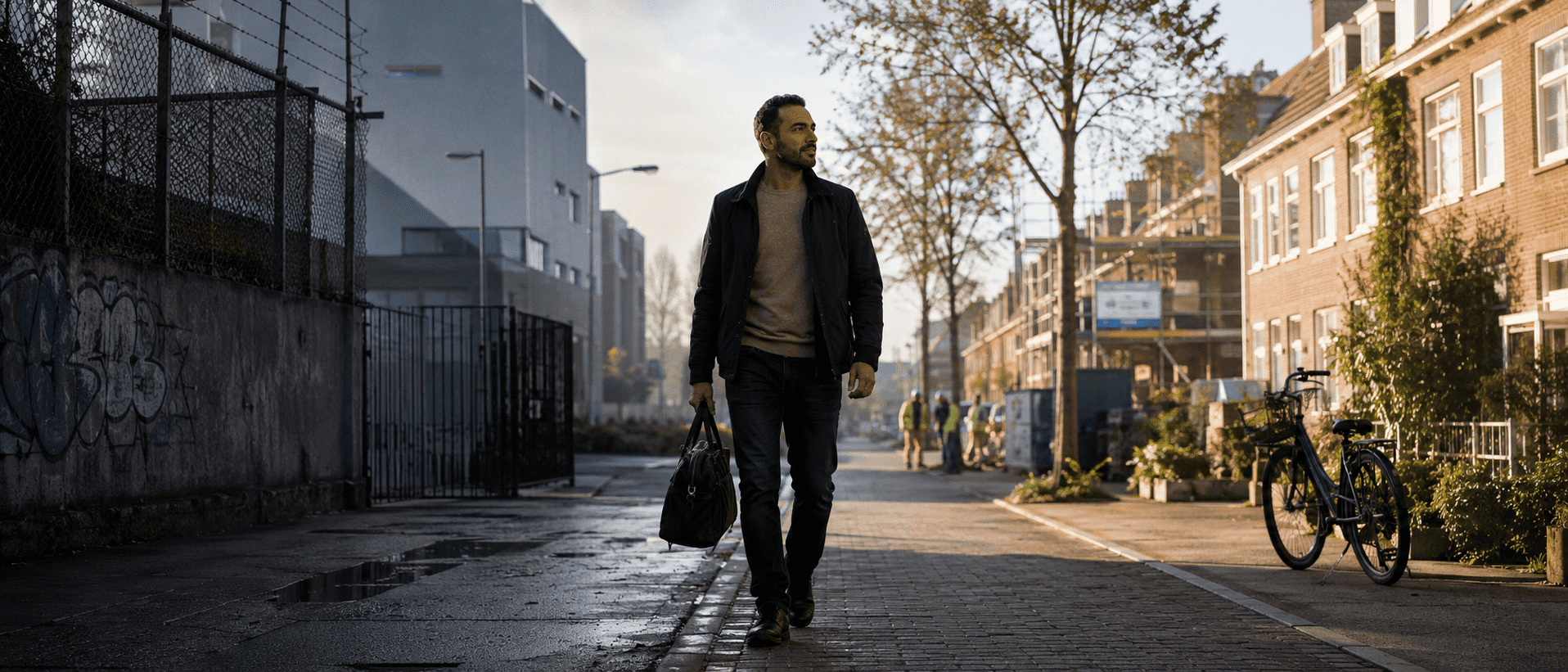 Man loopt met een werktas van een donkere, omheinde stadsomgeving naar een lichte woonwijk, als beeld van desistance en maatschappelijke re-integratie.