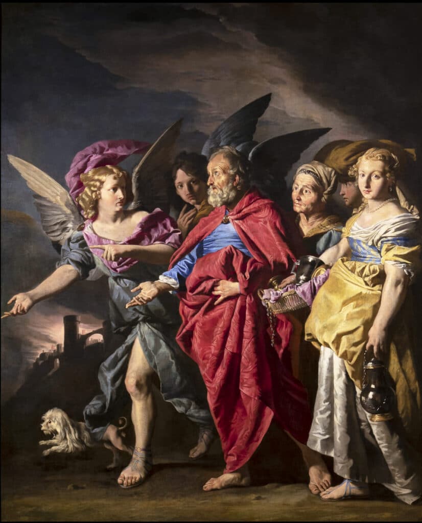 Matthias Stom, Flight from Sodom (1630), met Lot en zijn gezin tijdens hun vlucht en op de achtergrond de brandende verwoesting van Sodom.